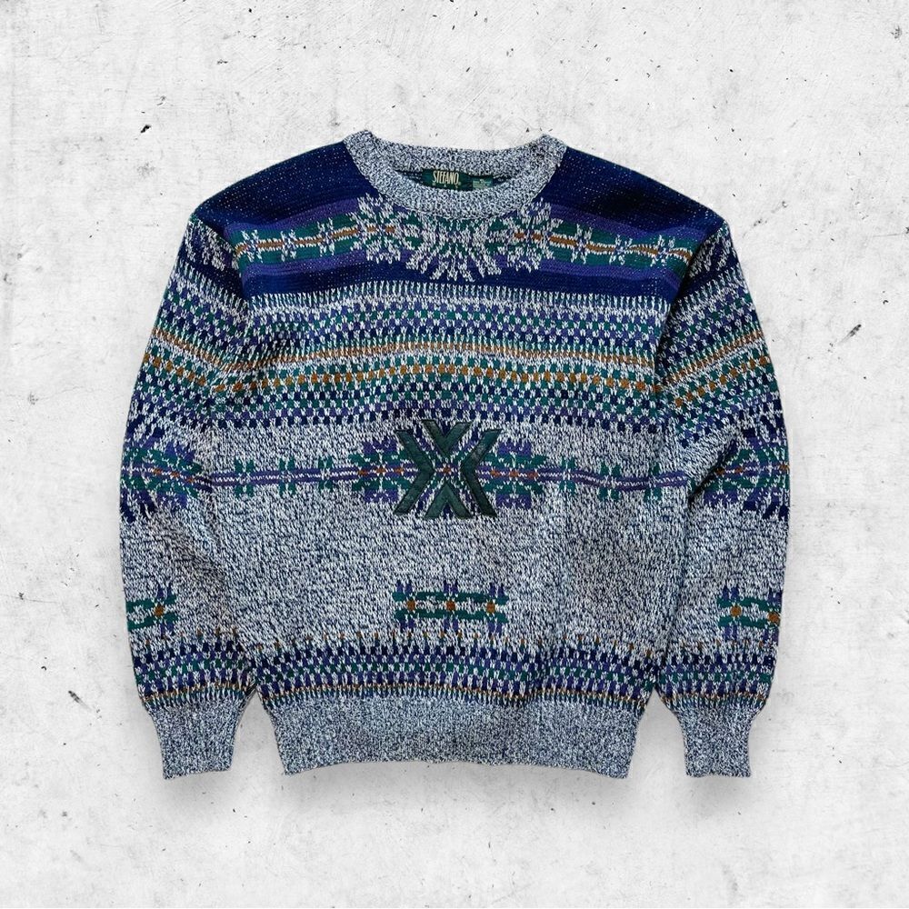 Vtg 90s Stefano Geometric Print Sweater, Acrylic, Felt Patch, Dad Grandpa, XL
